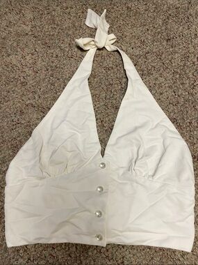 Vintage 70s Marilyn style White Halter Crop Top with Pearl Buttons